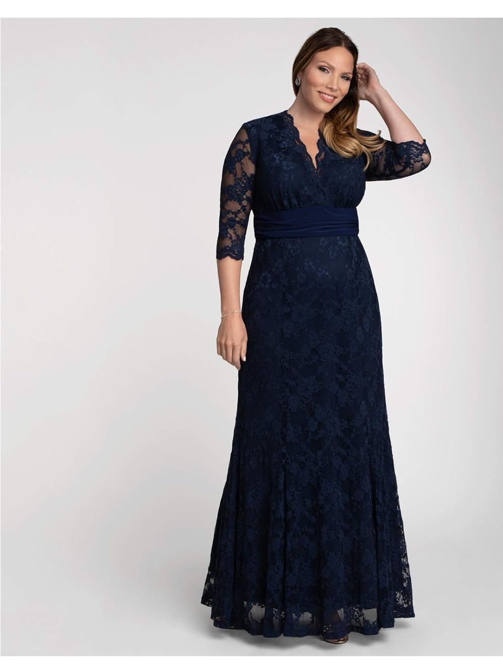 Kiyonna Navy Lace V-Neck Maxi Dress with Satin Waistband